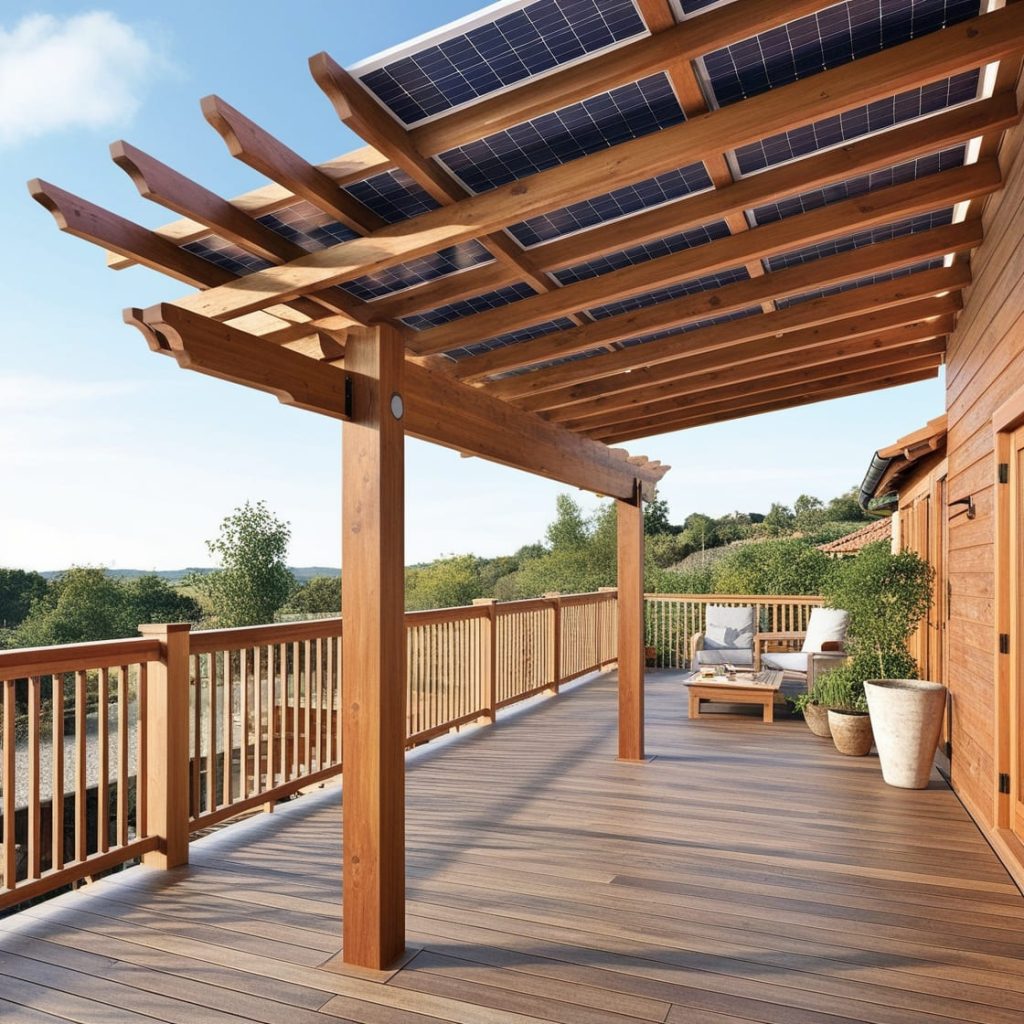 Pérgola solar para terraza de madera con paneles solares​​